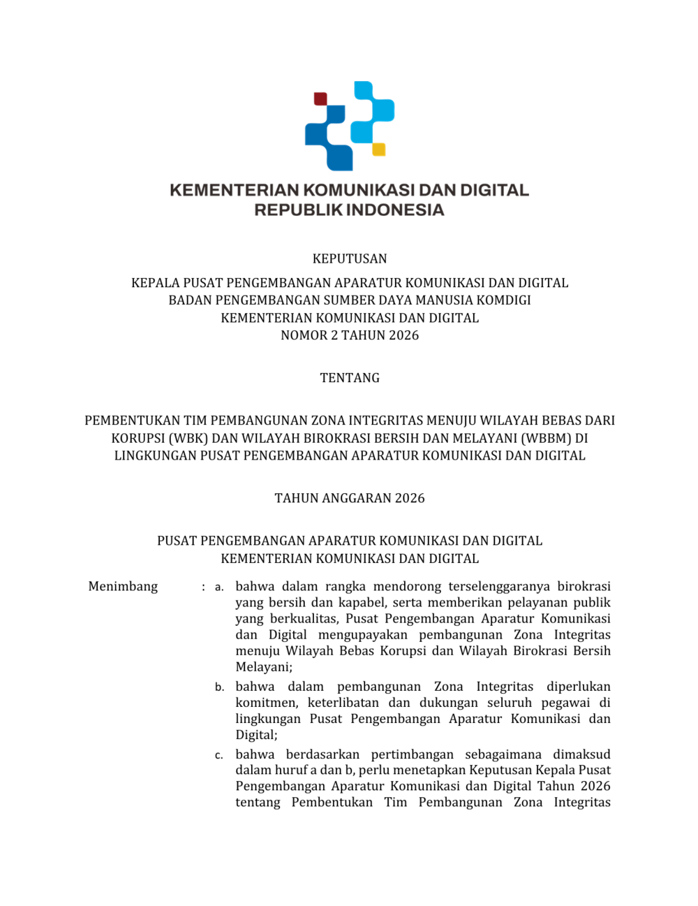 Gambar: Cover SK Tim Kerja Pembangunan ZI 2026 